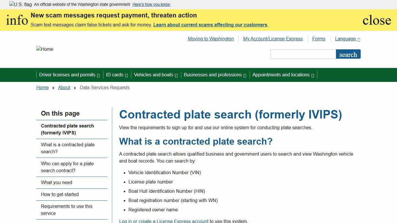 Contracted plate search (formerly IVIPS) Washington State Department of Licensing